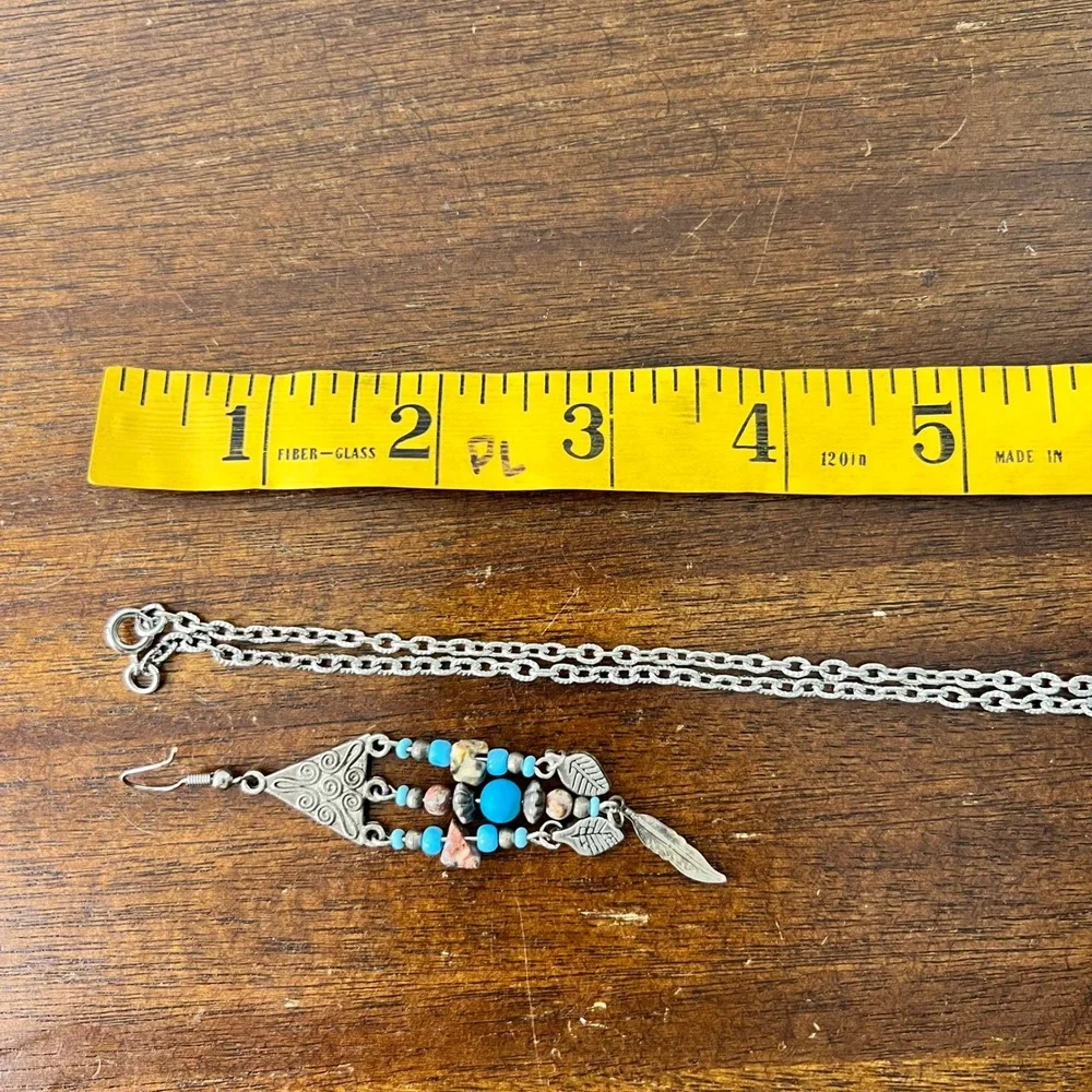 Boho Faux Turquoise Necklace and Earring Set Silver Tone Southwestern Artsy